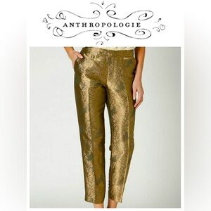Anthropologie Elevenses Silk Gilded Gold Jacquard Shimmer Cropped Pants